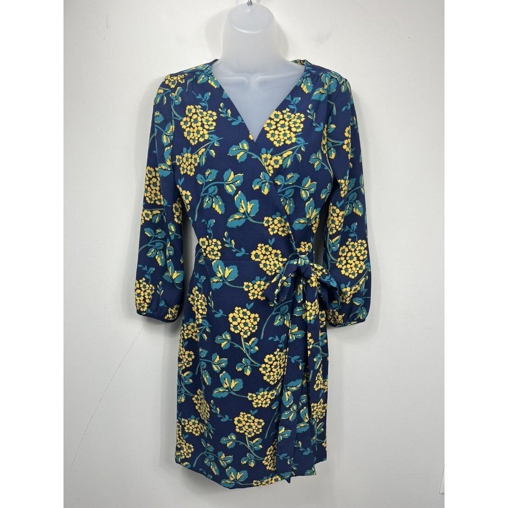 J Crew Dress Womens Size 2 Blue Yellow Floral Wrap Long Sleeve
